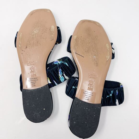 Lewit Size 36.5 Navy Blue Elena Floral Square Toe Sandals Satin Slide Ruched 6.5 - Picture 11 of 13
